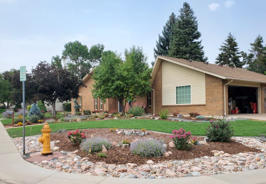 A corner lot mod home with a beautiful full grown hydroseed front lawn.