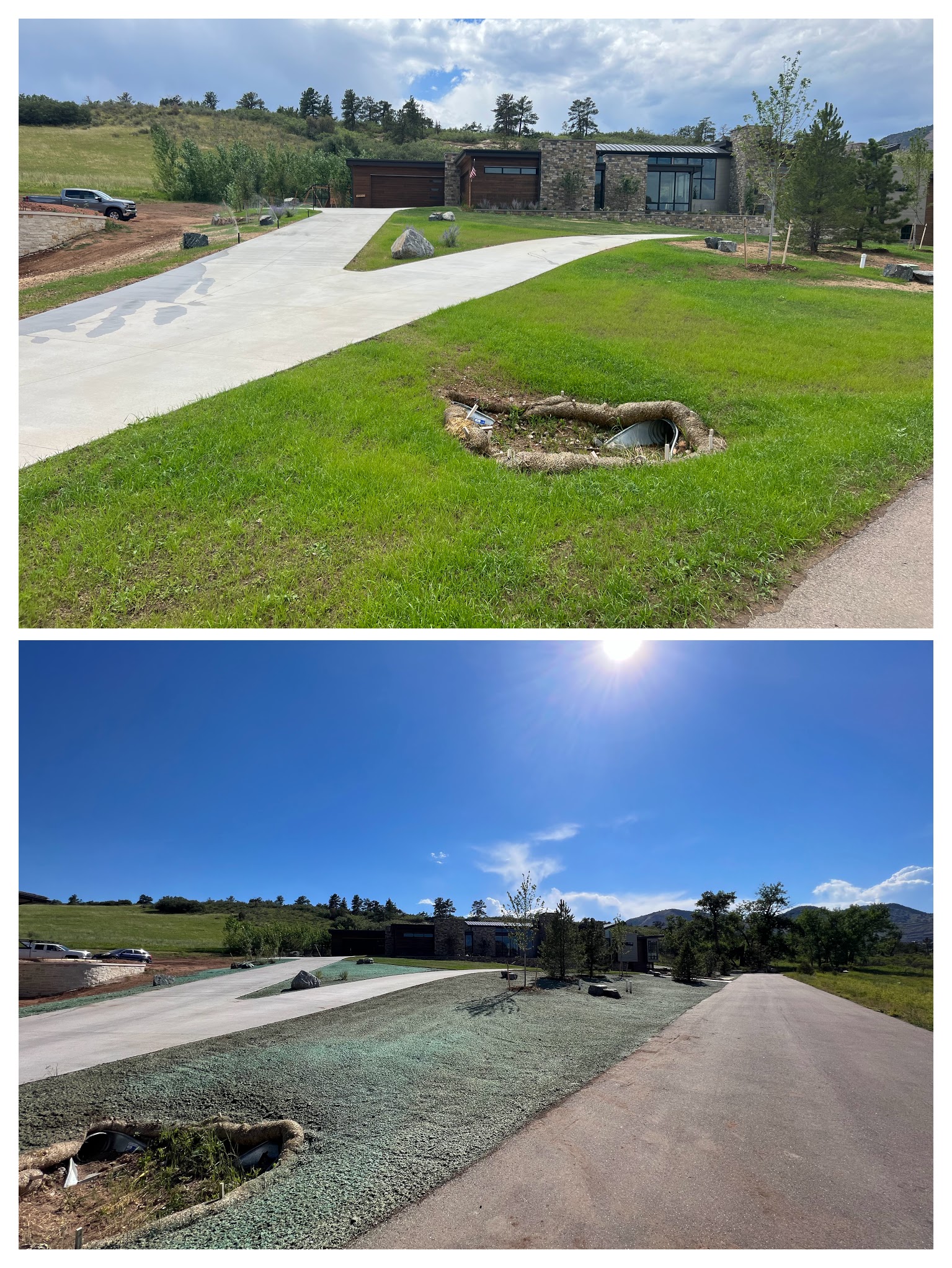 A before and after collage featuring a before image of fresh hydroturfing yard with sidewalks and a house and garage in the background, and an after image of the same area with a new lawn courtesy of excellent hydroseeding.