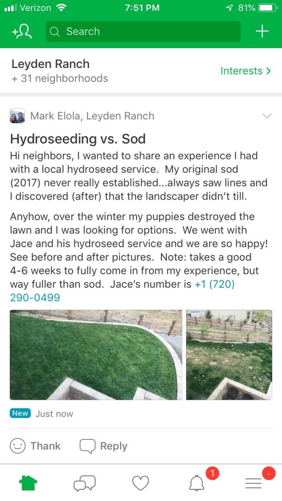 A glowing review by a Foothills Hydroseed customer appreciating the benefits of Hydroseeding vs. Sod.